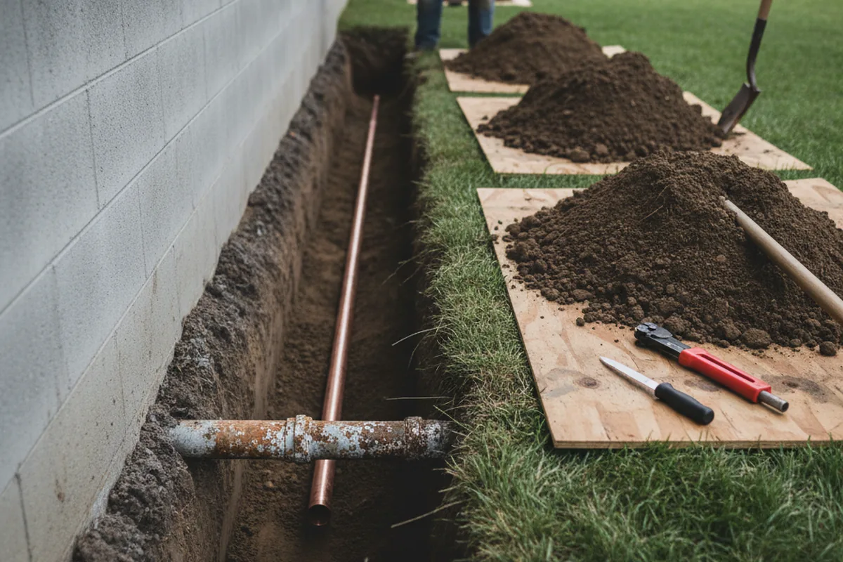 Excavated water line trench during Sewer Line Repair in Watauga